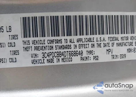 2013 Dodge Journey Sxt из США, поврежденный, VIN 3C4PDCBB4DT668640